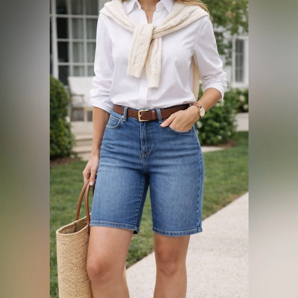 Nicole Miller Soho High Rise Denim Bermuda Shorts Size 6 Stretch Classic Blue - Picture 1 of 8